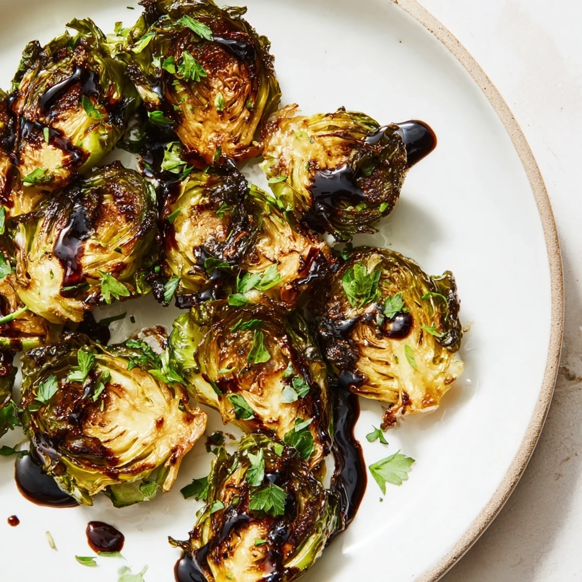 Crispy roasted Brussels sprouts, caramelized and drizzled with a sweet and tangy balsamic reduction.