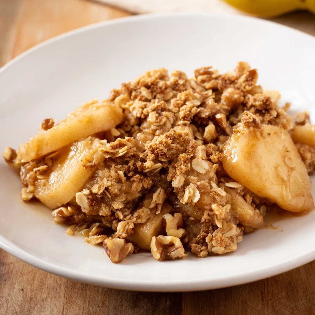 Homemade warm apple crisp, a delicious dessert with a buttery oat crumble, ideally served with vanilla ice cream.