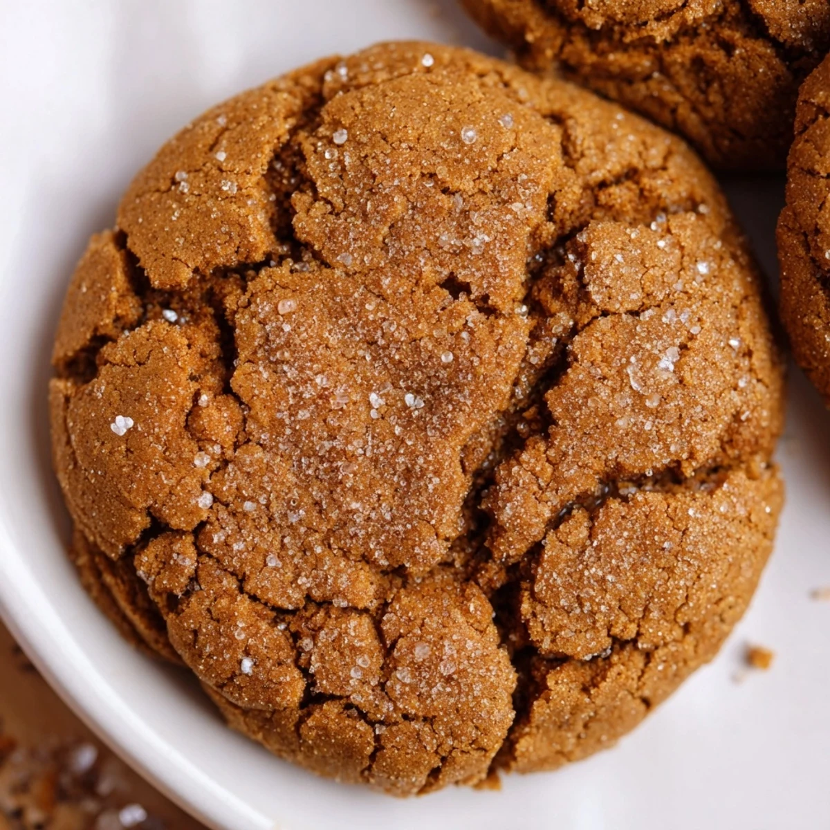 Close-up of freshly baked Ginger Molasses Crinkle Cookies, covered in sugary cracks, ready to eat.