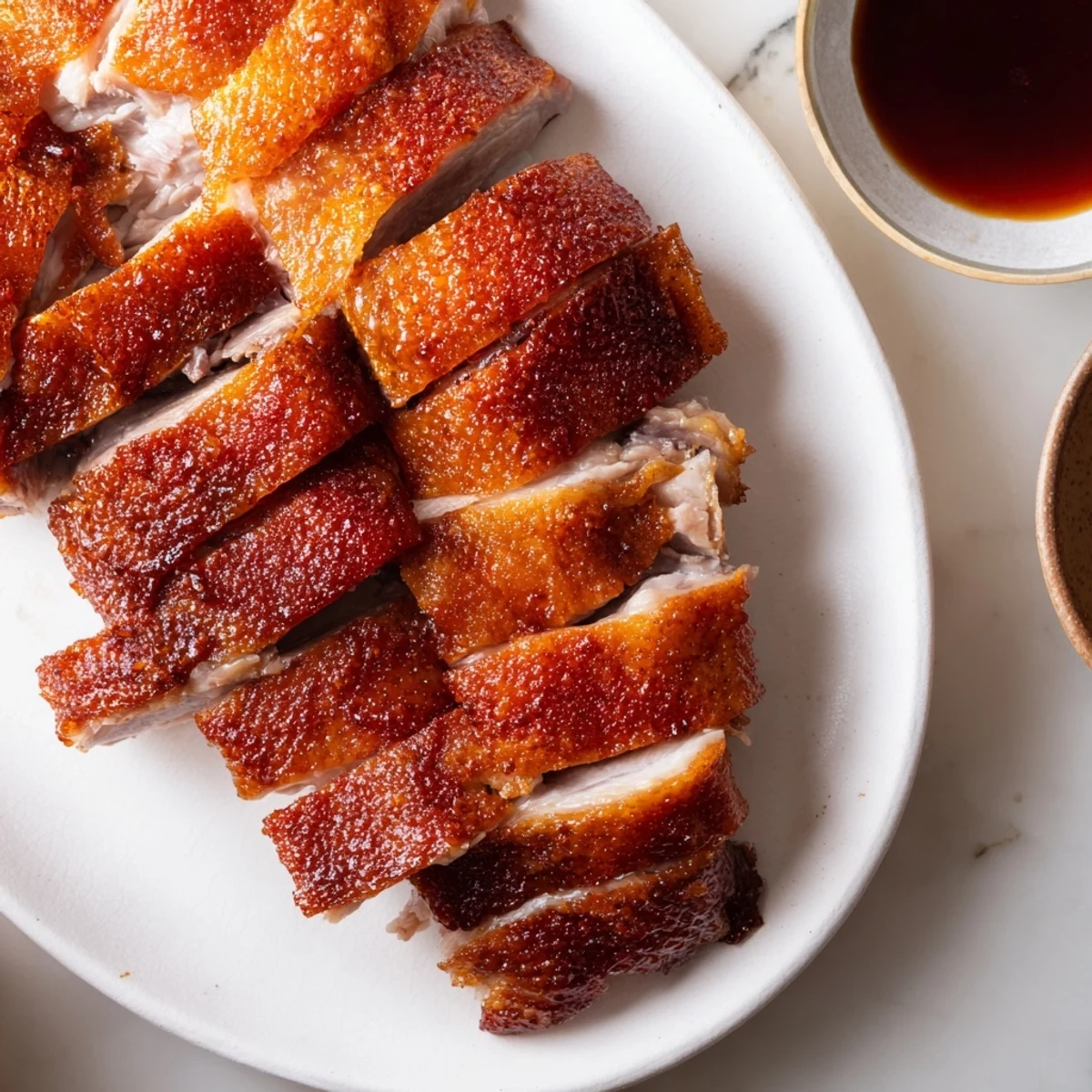 A close-up of crispy duck reveals enticing, crackling skin and juicy, tender meat.