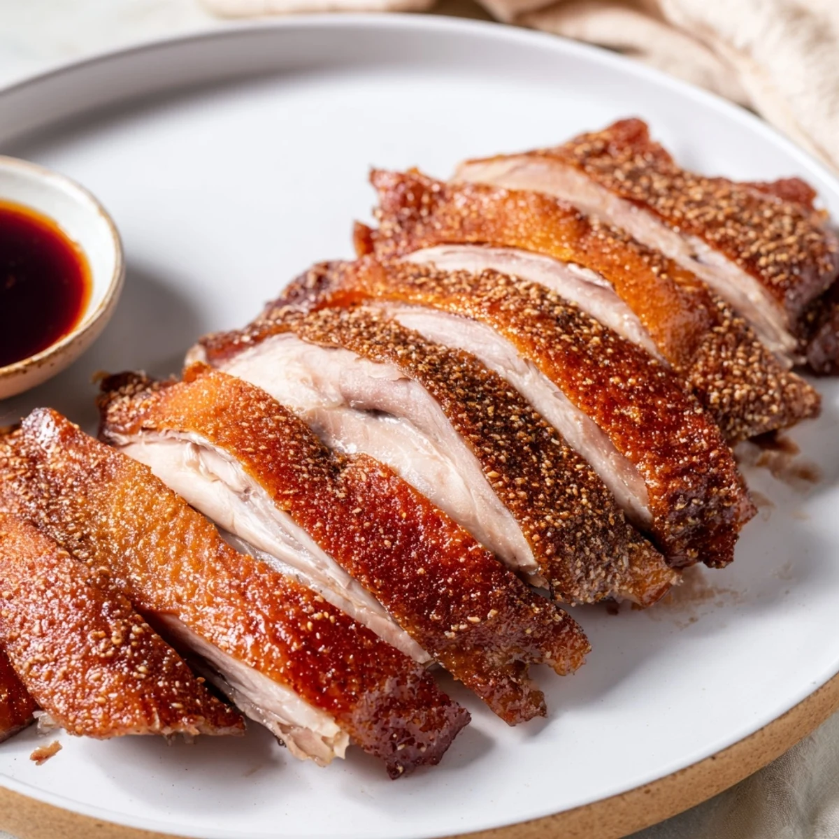 Golden-brown, crispy duck, ready to carve and share, a delicious main dish.