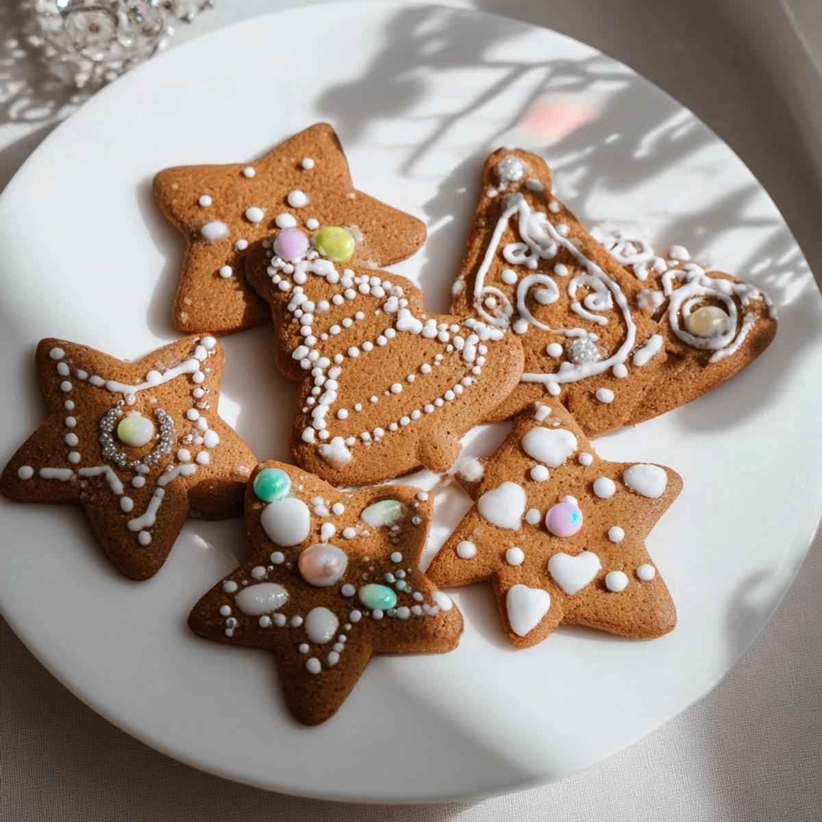 Freshly baked gingerbread cookies beautifully decorated with royal icing and festive sprinkles for the holidays.