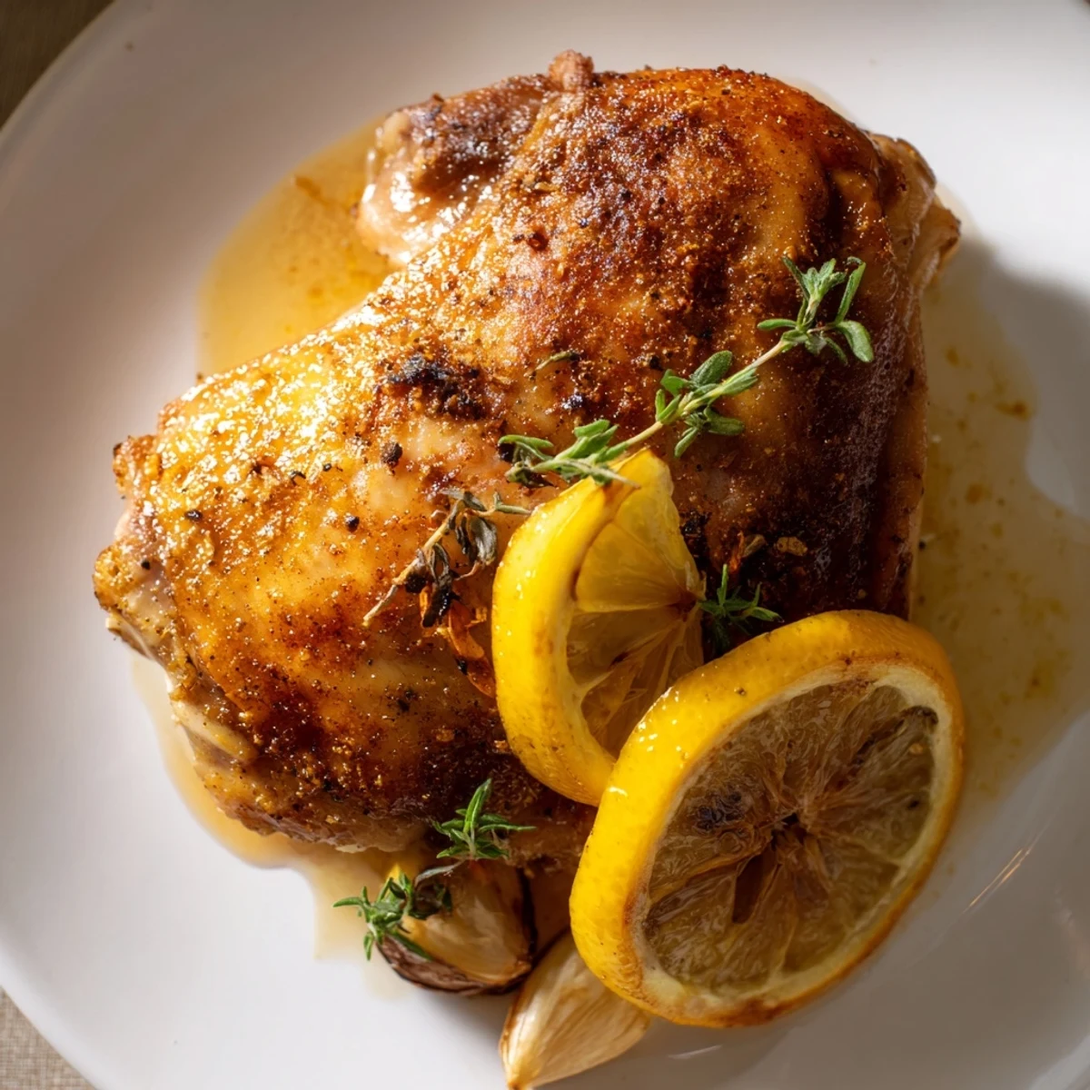 Golden-brown baked chicken thighs with crispy skin, surrounded by lemon slices and savory herbs.