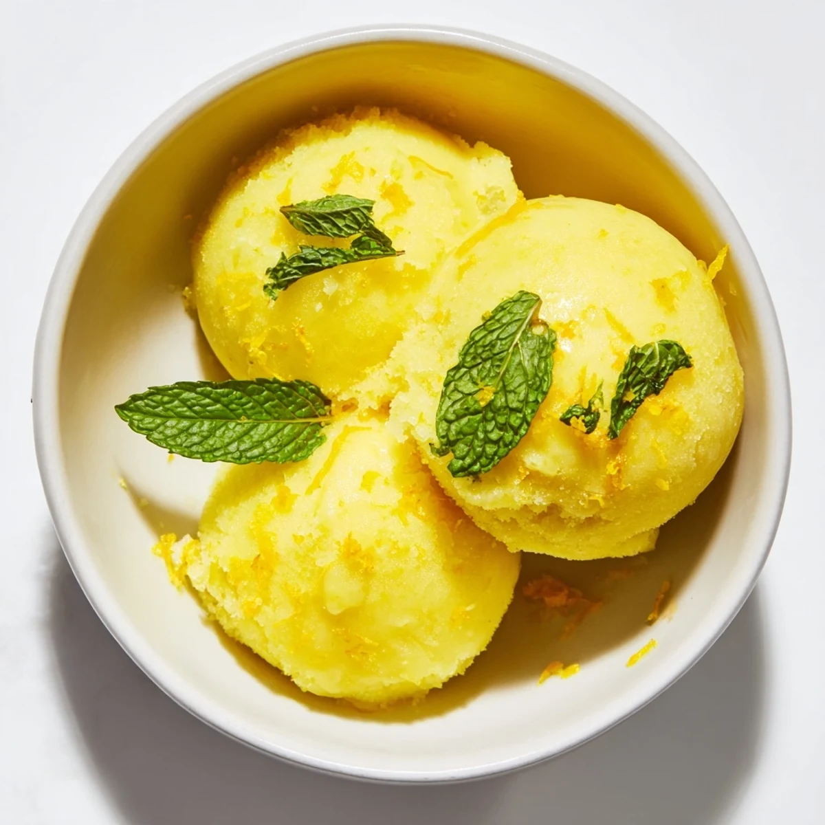 A vibrant close-up of light, fluffy Lemon Sorbet, ready to serve with refreshing mint.