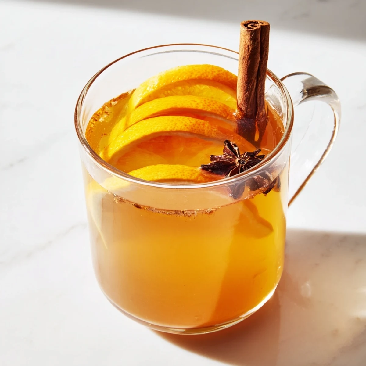 Steaming mugs of spiced drink with orange slices and star anise, perfect for a cozy afternoon.