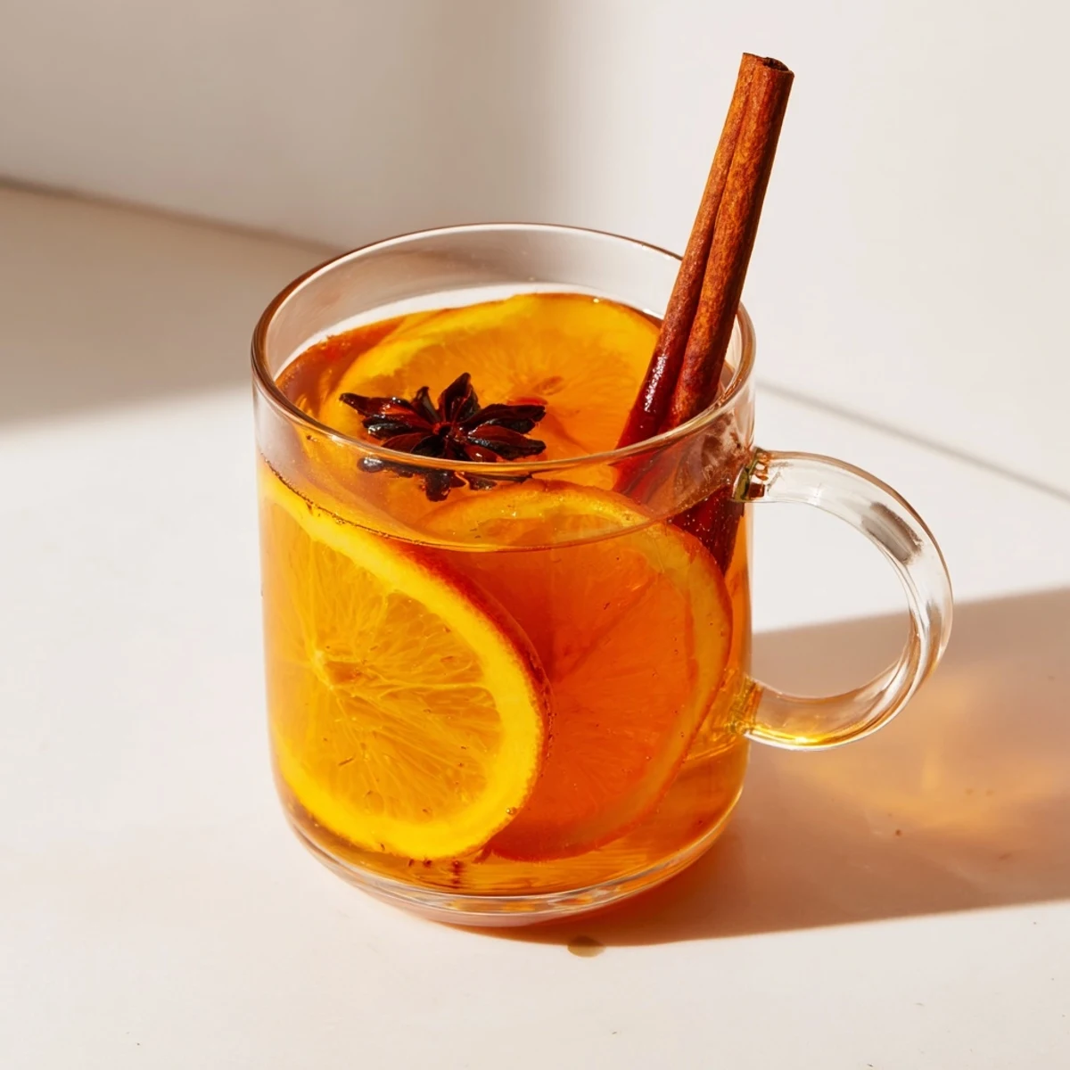 This flavorful spiced drink, infused with citrus and spices, looks utterly comforting in a clear glass.