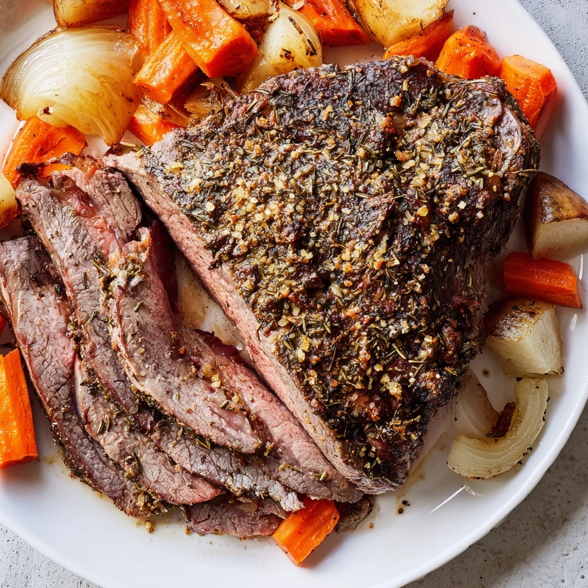 Close-up of a perfectly cooked, tender roasted meat, served alongside golden roasted vegetables.