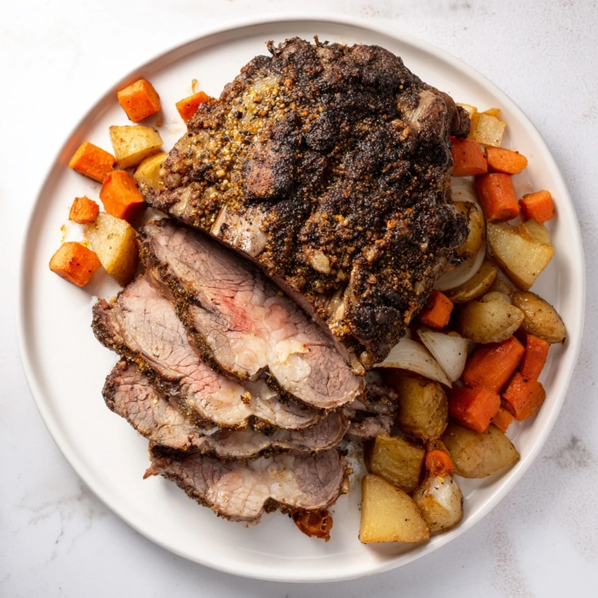 Juicy roasted meat with crispy exterior, seasoned with herbs for a flavorful family dinner.