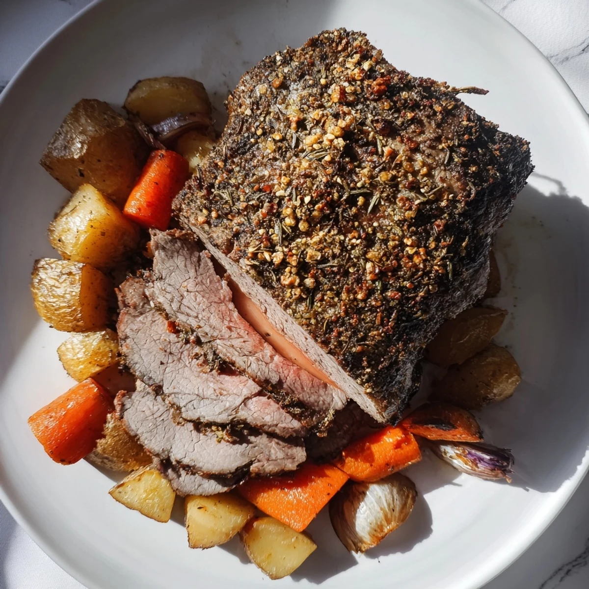 Sizzling and aromatic roasted meat, ready to be sliced and served with flavorful pan juices.