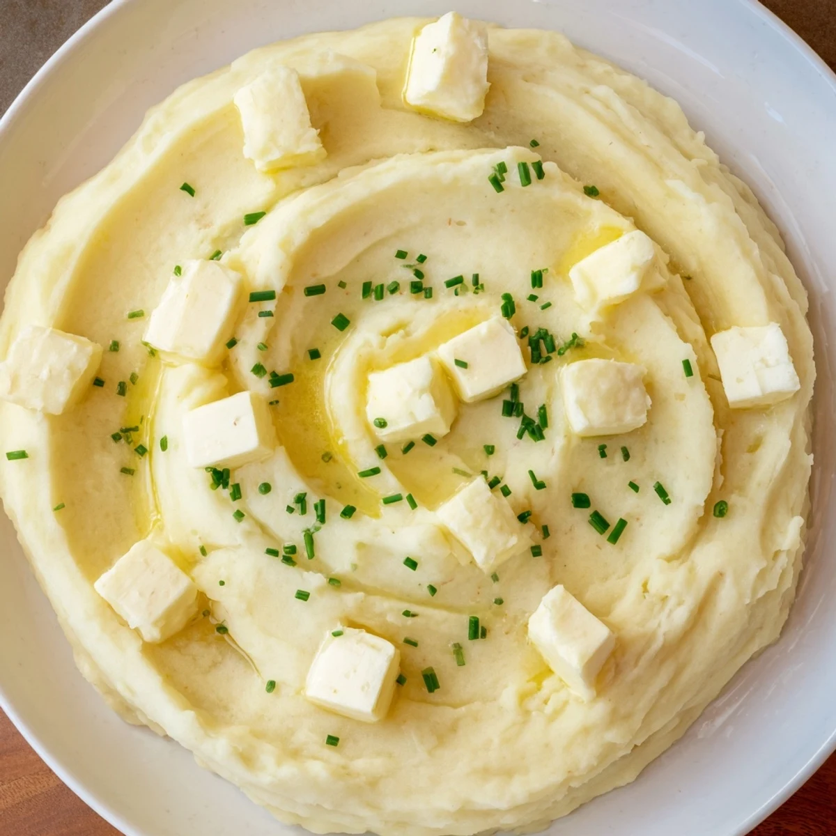 Fluffy plate of creamy mash, rich with butter, next to roasted chicken and gravy.