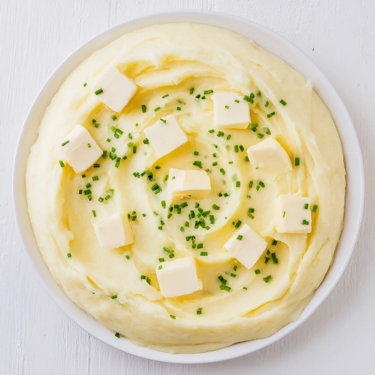 Close-up of freshly made creamy mash with a swirl of butter and a sprinkle of herbs.