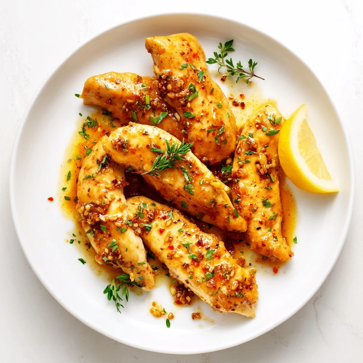 Picture a plate of succulent garlic chicken, garnished with fresh parsley and a bright lemon wedge.