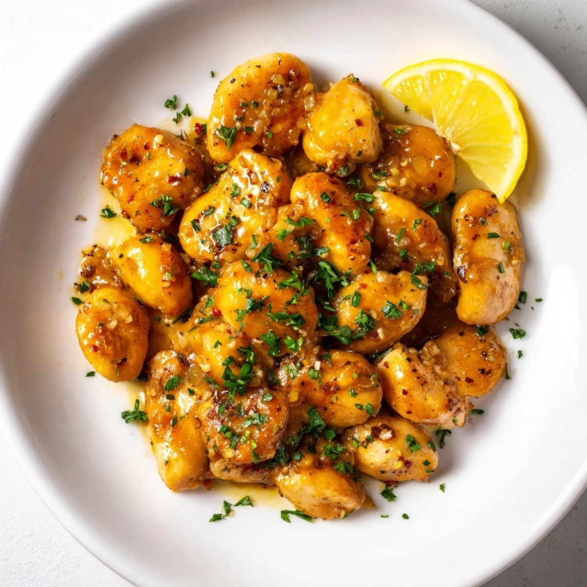 Flavorful garlic chicken simmering in a pan, infused with herbs, perfect for a gluten-free meal.