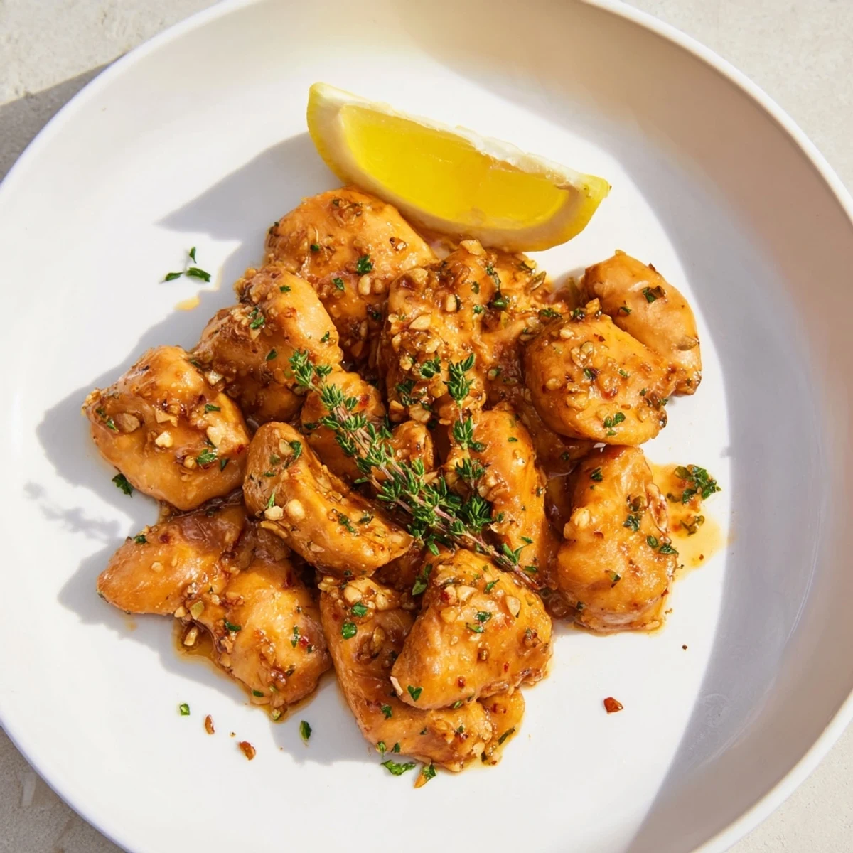 Golden-brown garlic chicken breasts glistening in a savory butter sauce, ready to serve for dinner.