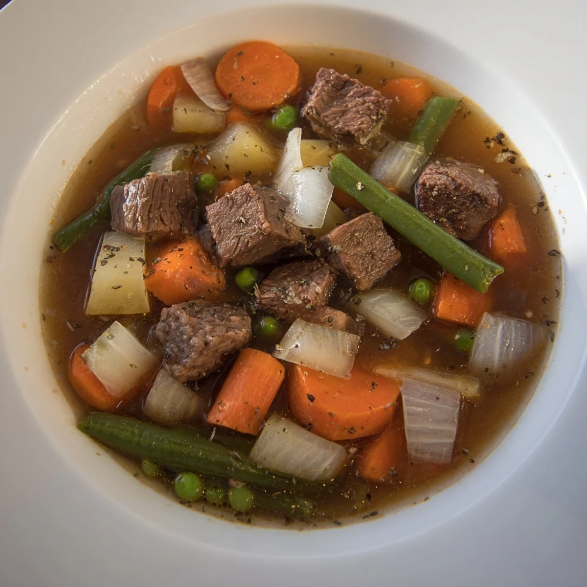 Steaming bowl of beef soup with tender beef chunks and colorful vegetables.