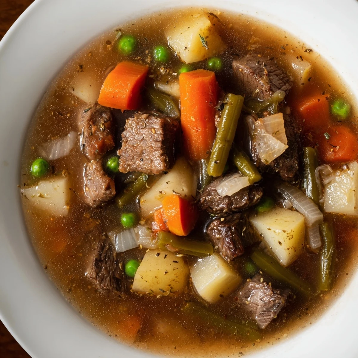 Hearty beef soup, served in a bowl, perfect for a cozy, comforting, home-cooked meal.