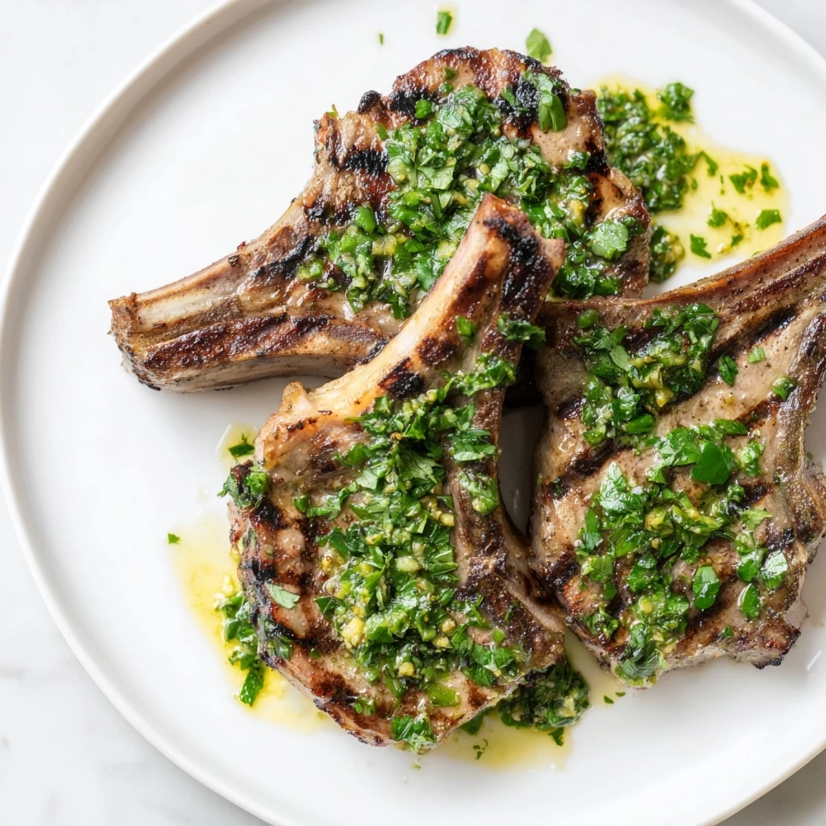 Grilled lamb chops with mint sauce, seared and glistening, presenting a savory, flavorful dinner.
