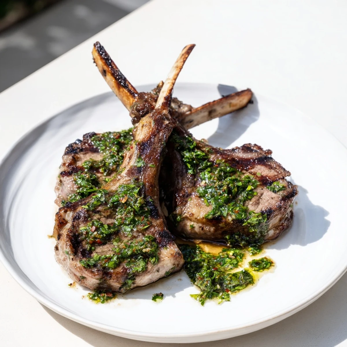 Perfectly grilled lamb chops, aromatic with herbs, are drizzled with vibrant green mint sauce.