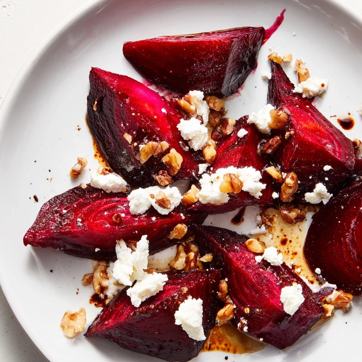 Vibrant Roasted Beet and Goat Cheese Salad with ruby beets, creamy cheese, and walnuts ready to eat.