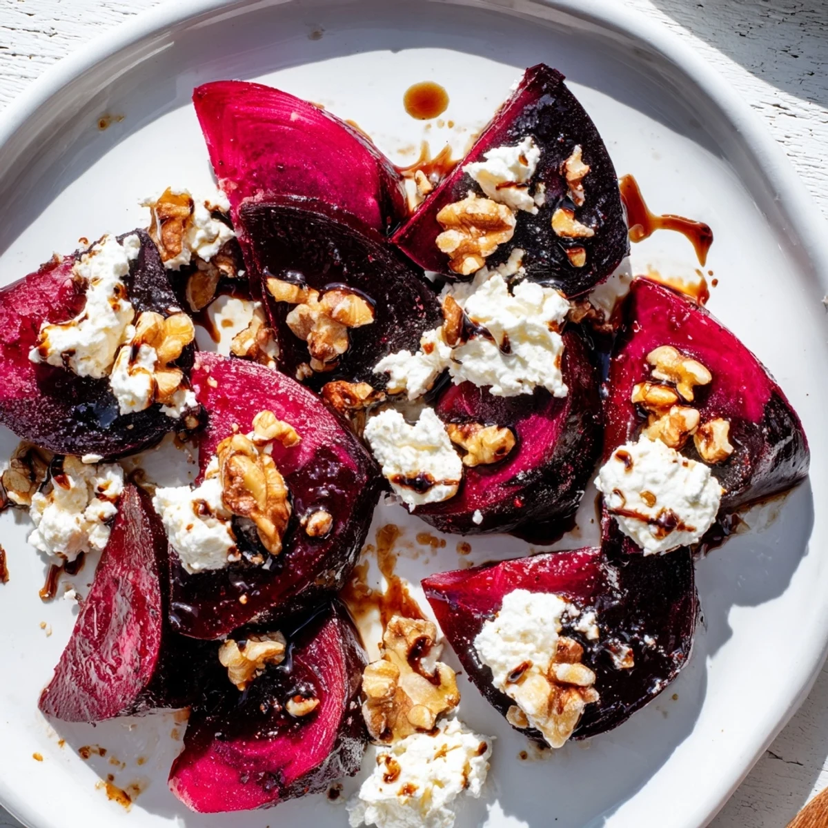 Fresh Roasted Beet and Goat Cheese Salad, drizzled with balsamic, perfect for a light vegetarian lunch.