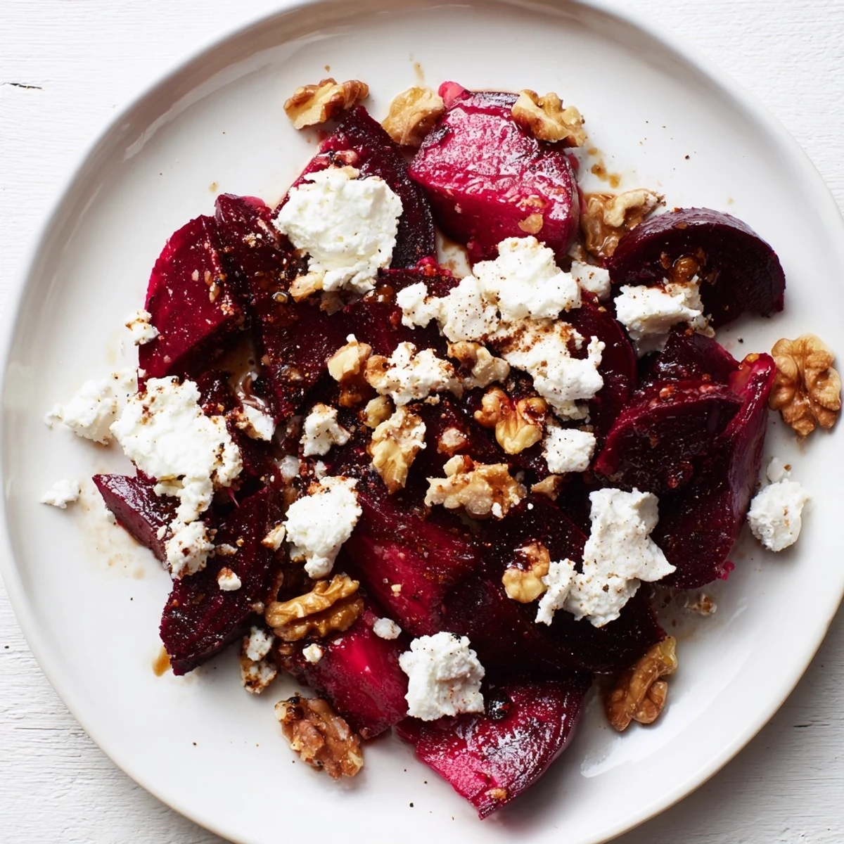 Close-up of a rustic, colorful Roasted Beet and Goat Cheese Salad, beautifully arranged on a platter.