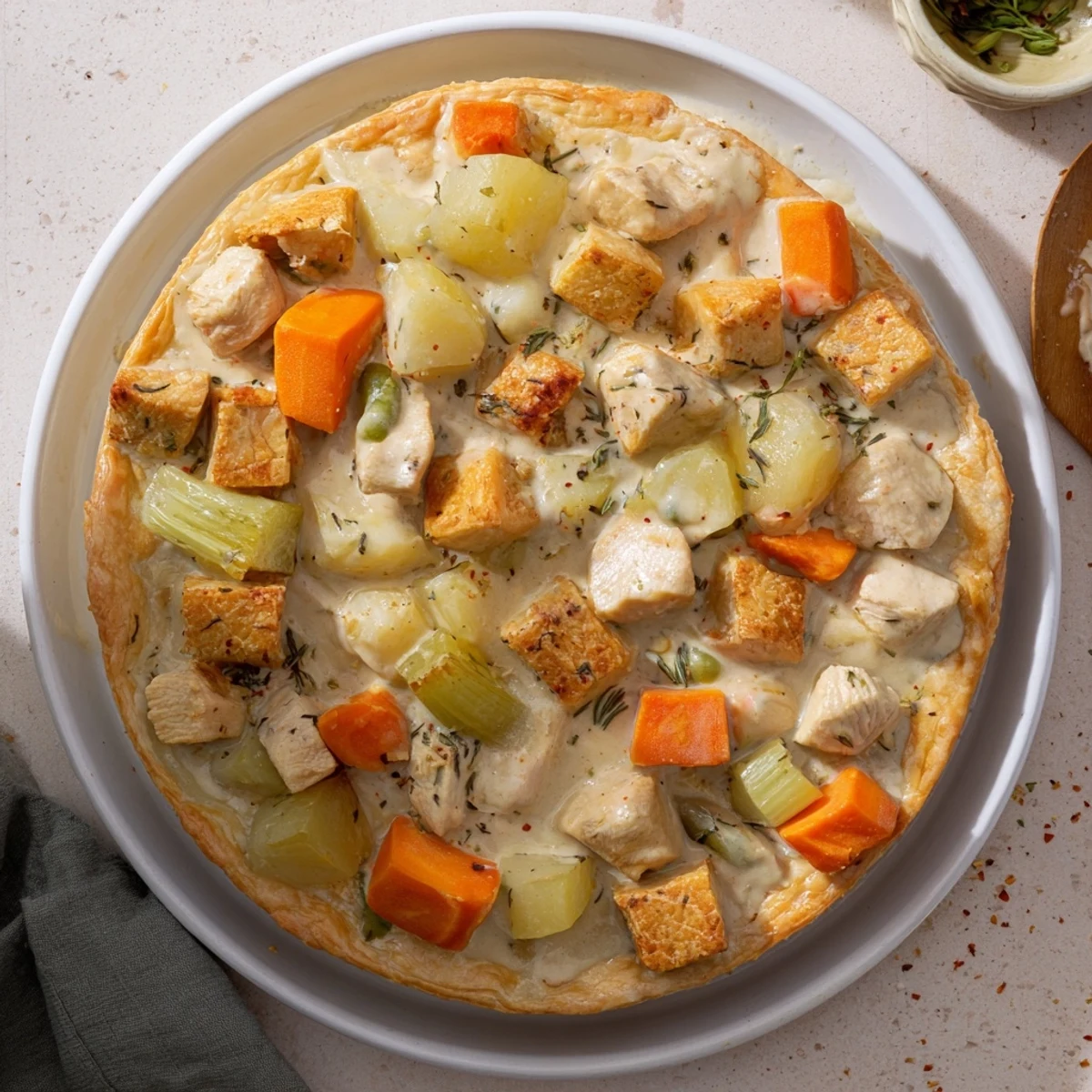 Golden, flaky crust encases a steaming, savory chicken pot pie, vegetables bubbling inside.