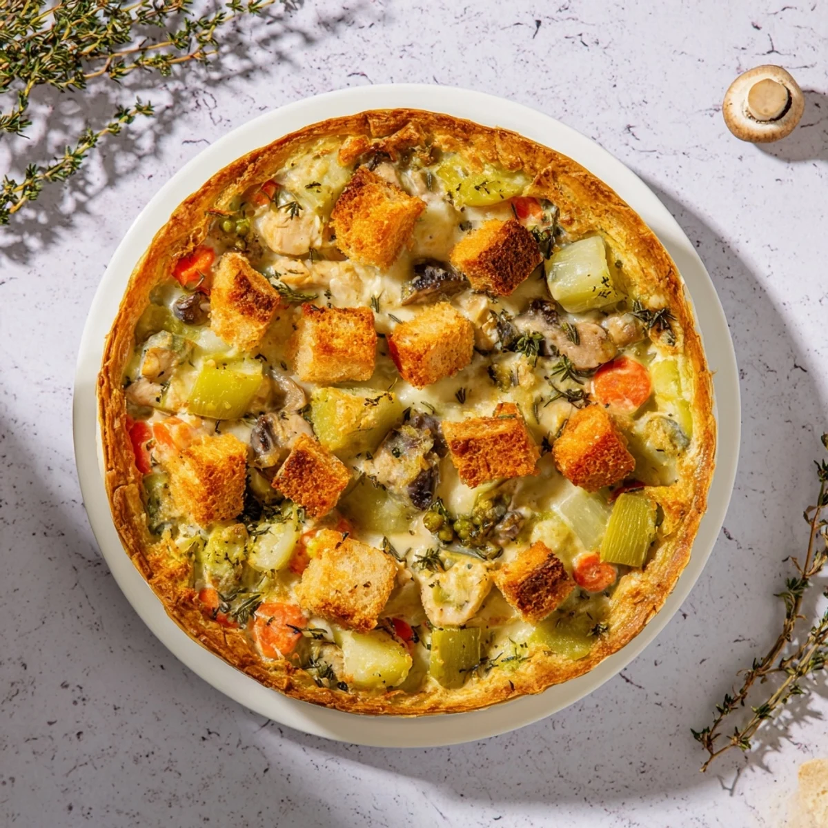 Close-up of a flavorful chicken pot pie, filled with tender chicken and creamy vegetables.