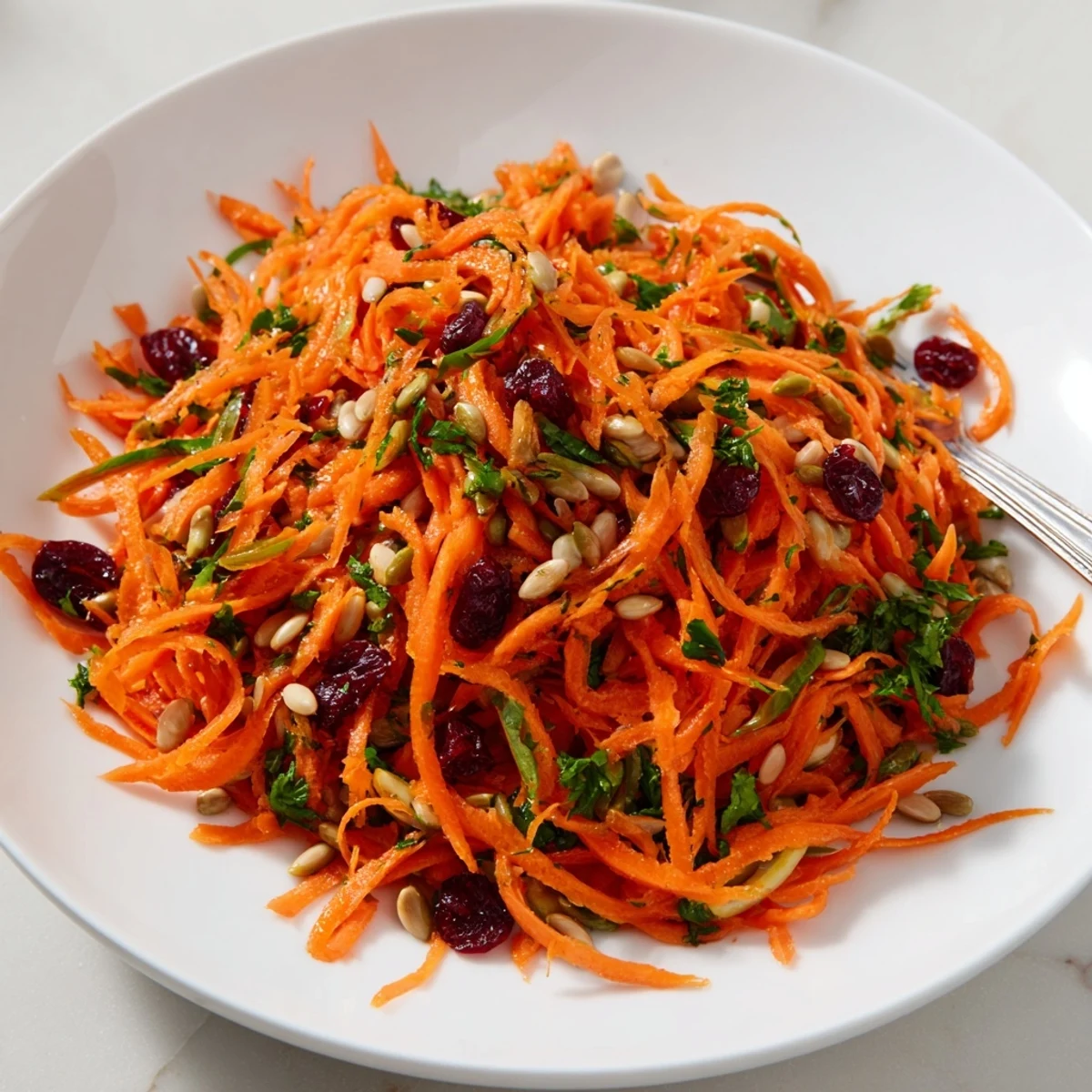 A bowl of delicious Raw Carrot Salad with toasted nuts, perfect as a light lunch or refreshing side.