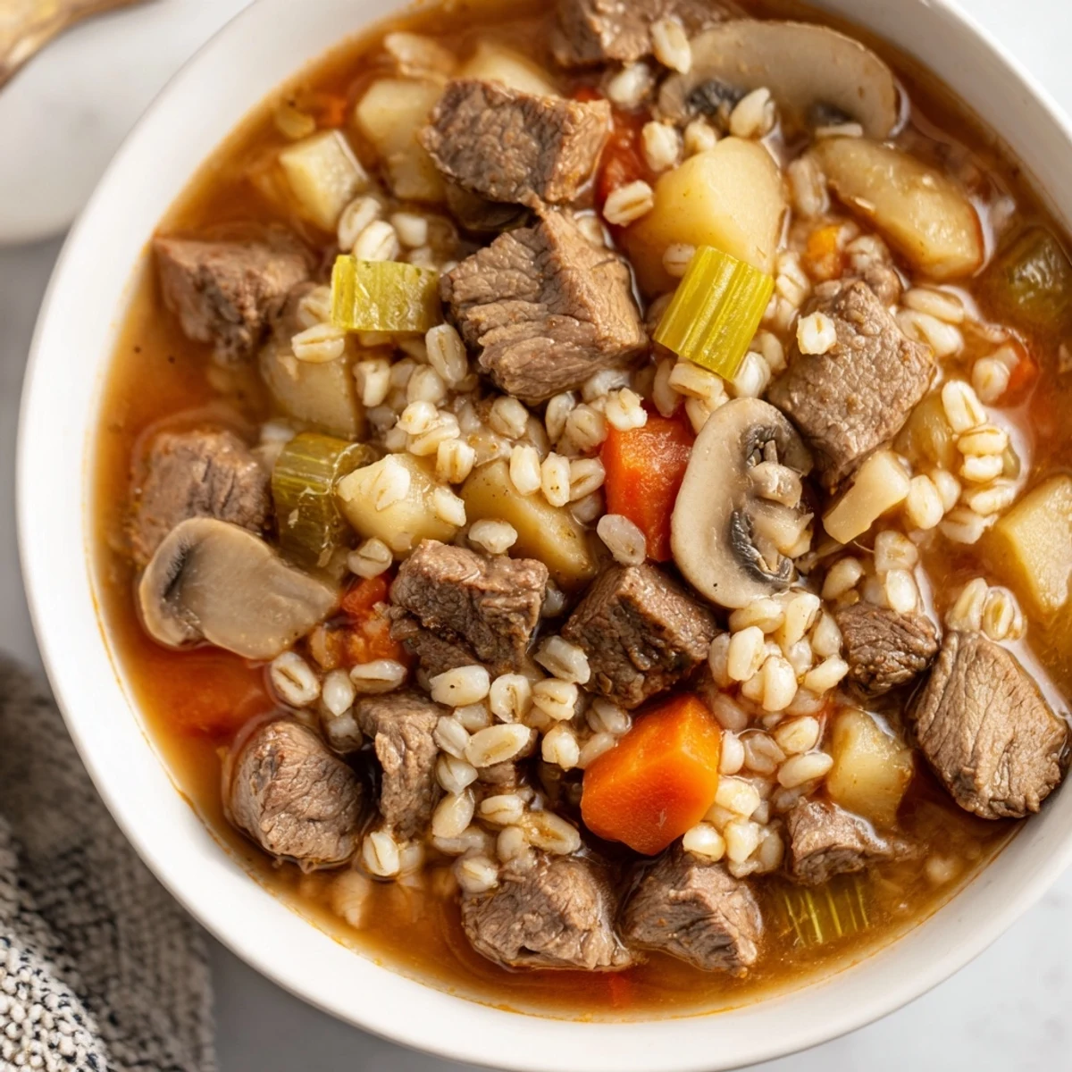 Steaming bowl of Savory Beef and Barley Soup with tender beef and vegetables, ready to eat.