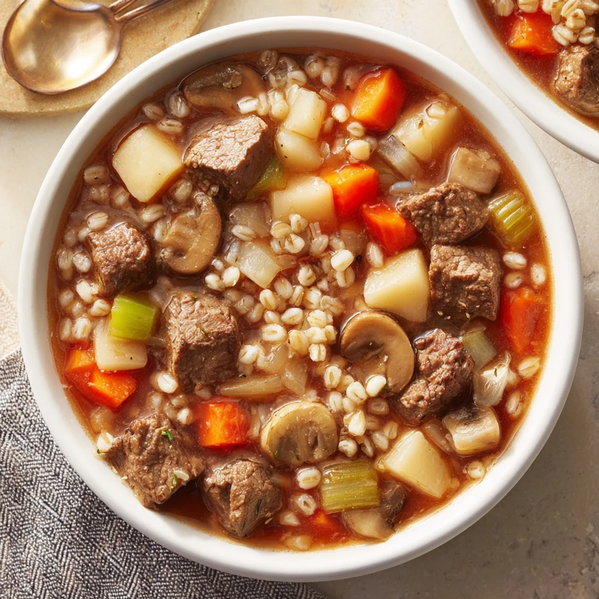 A close up shows the rich, flavorful broth of this Savory Beef and Barley Soup with hearty chunks.