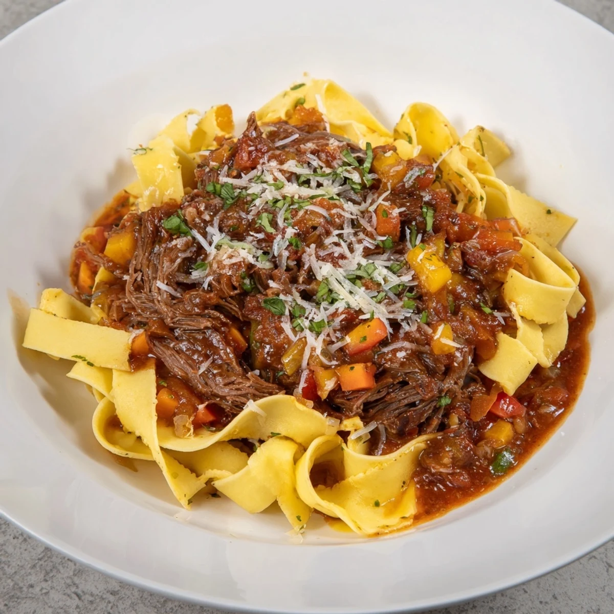 Tender slow-cooked beef ragu with pappardelle, rich red sauce, and fresh herbs, ready to serve.