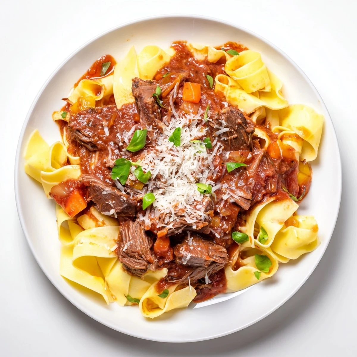 A close-up of steaming slow cooked beef ragu, nestled over fluffy pappardelle pasta ready in a bowl.