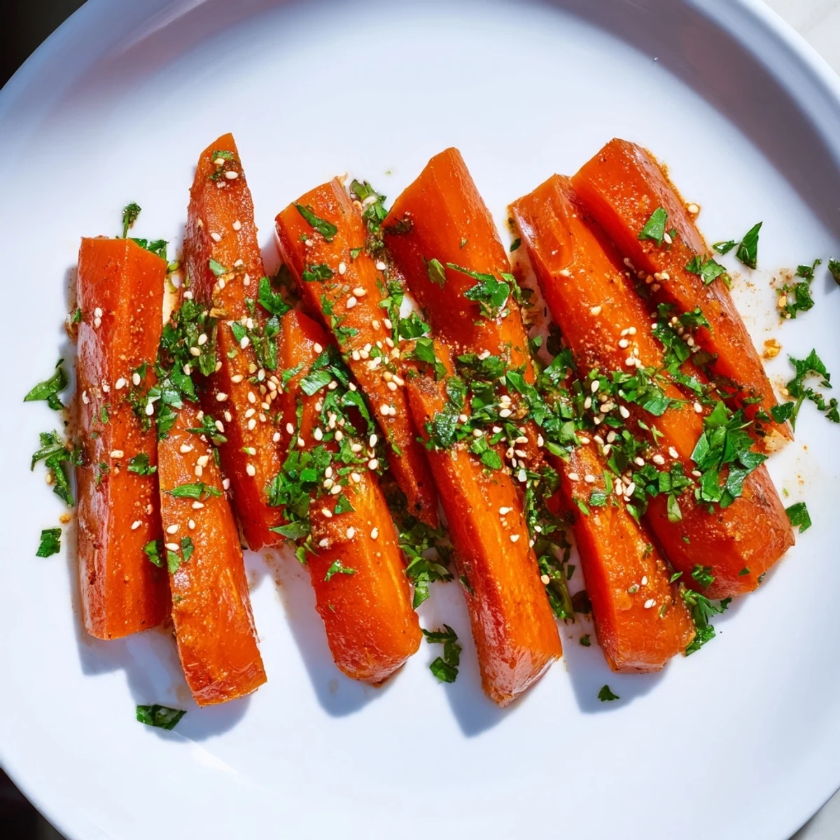 Close-up of vibrant roasted carrots with cumin and honey, glistening from the oven, ready to serve.