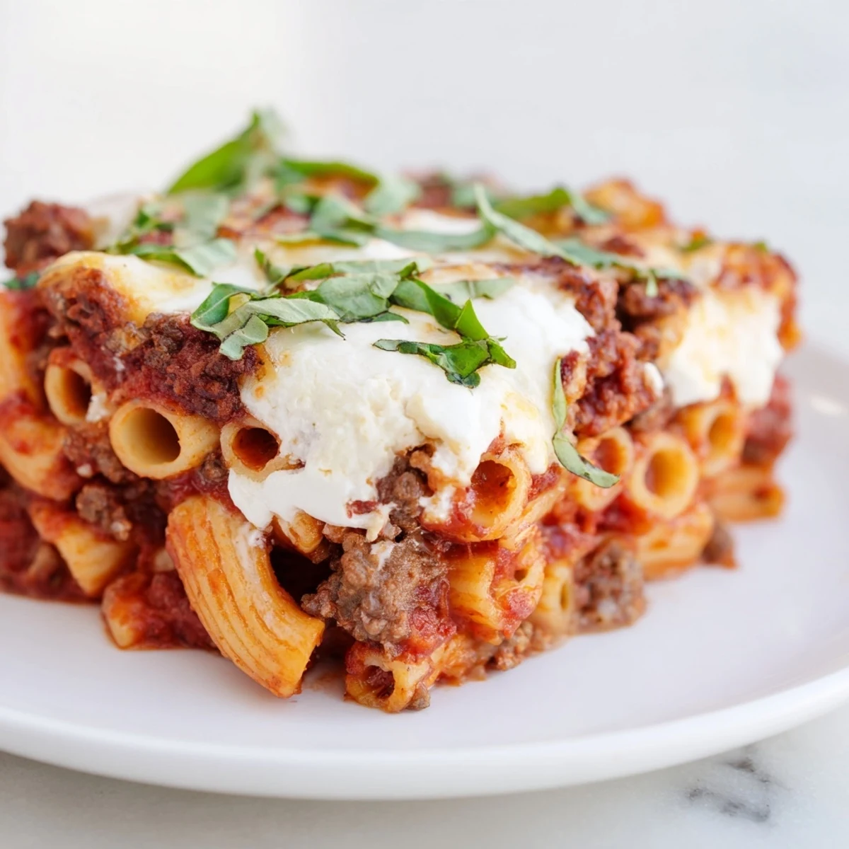 Golden, bubbly Baked Ziti with ground beef, overflowing with melted mozzarella cheese and rich sauce.