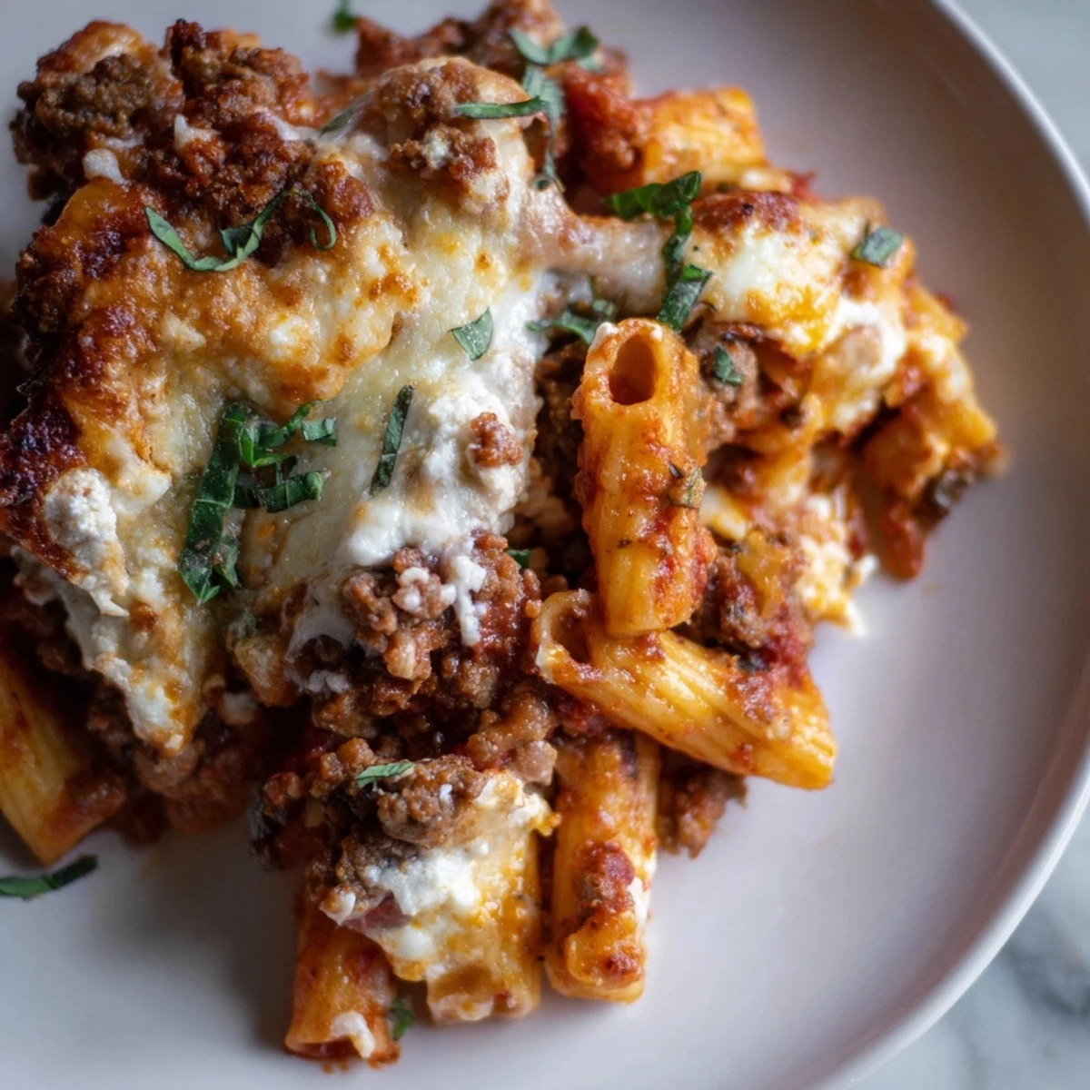 A hearty pan of Baked Ziti with ground beef, steaming hot and ready to serve for a comforting meal.