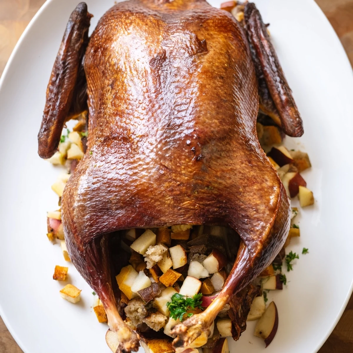 Crispy Skin Goose glistens, a holiday centerpiece, roasted to golden perfection with savory herb stuffing.