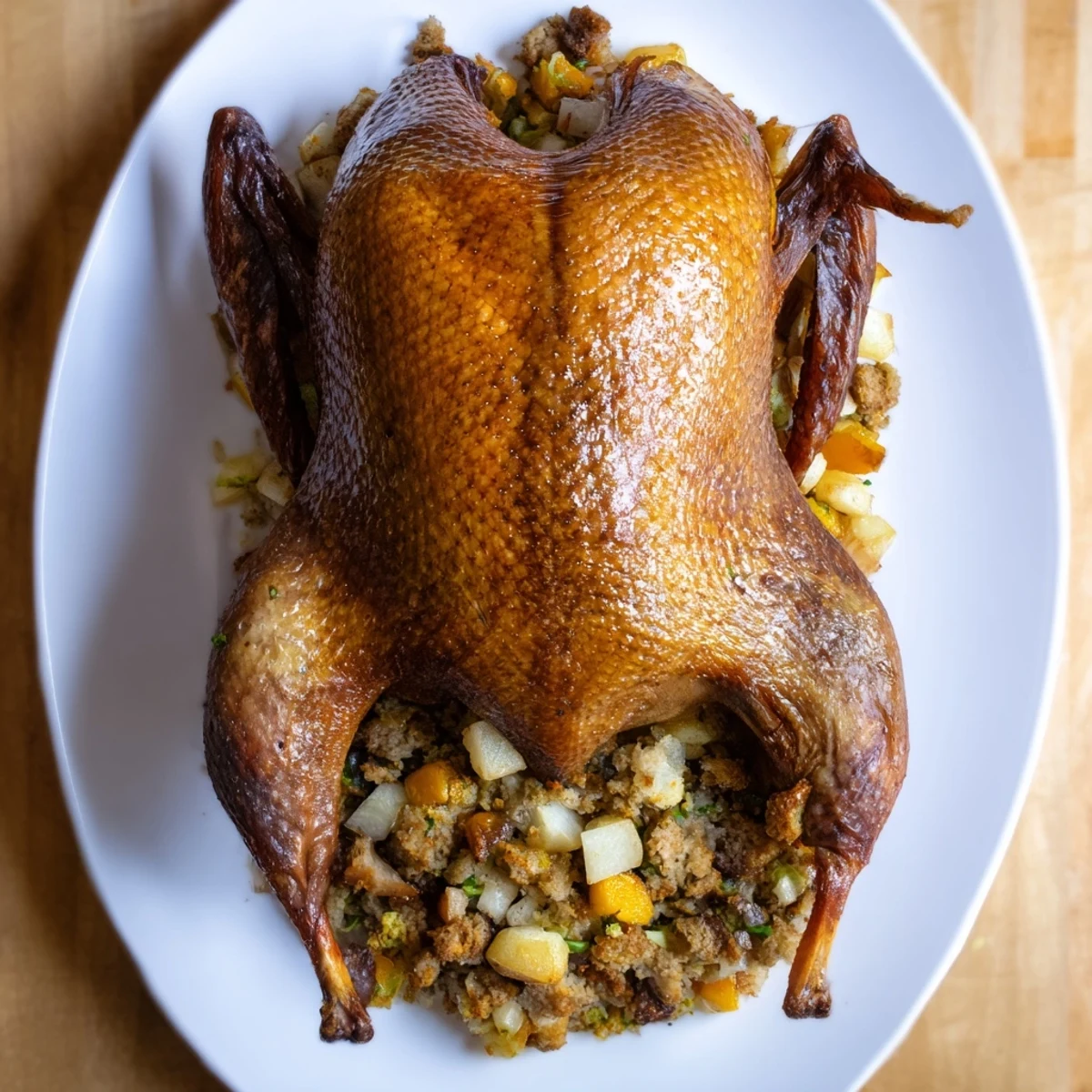 A close-up view of a beautifully roasted Crispy Skin Goose, promising juicy meat and delicious herb stuffing.