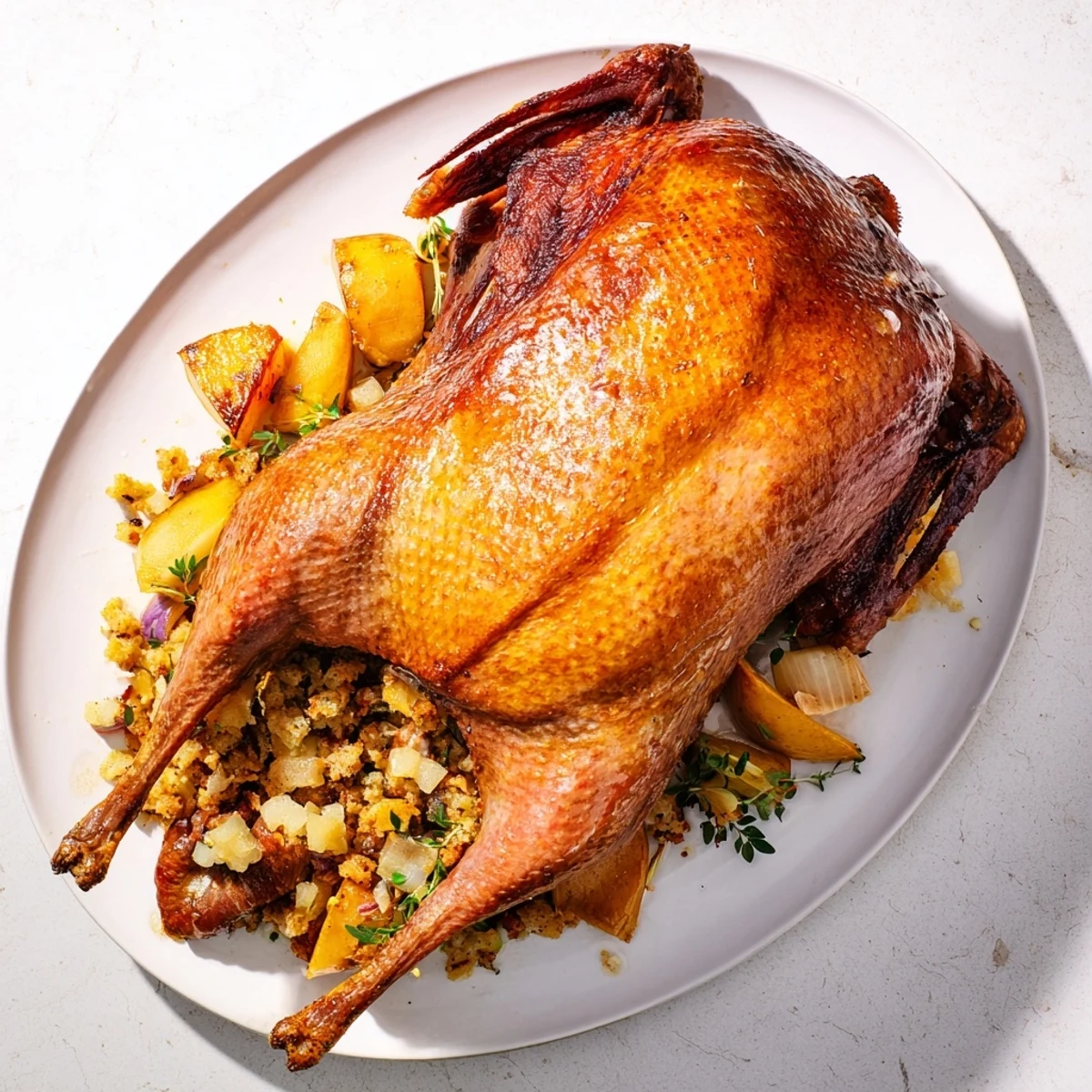 Golden-brown Crispy Skin Goose, filled with fragrant herb stuffing, ready to be carved and enjoyed.