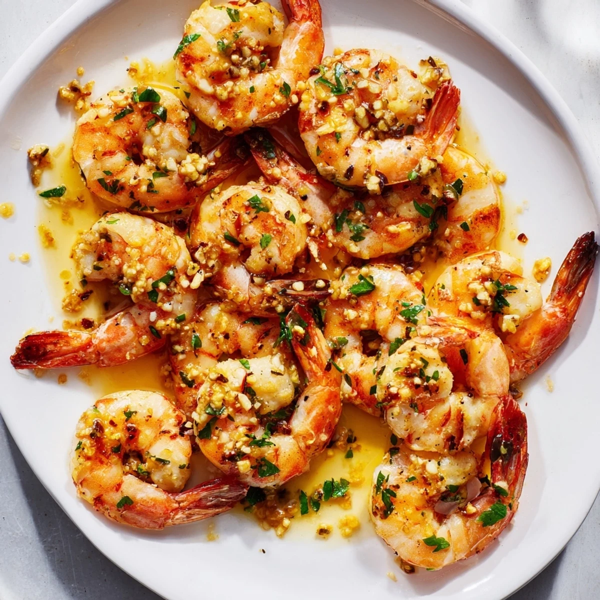 Golden, glistening Lemon Garlic Butter Shrimp served with fresh parsley and lemon wedges.