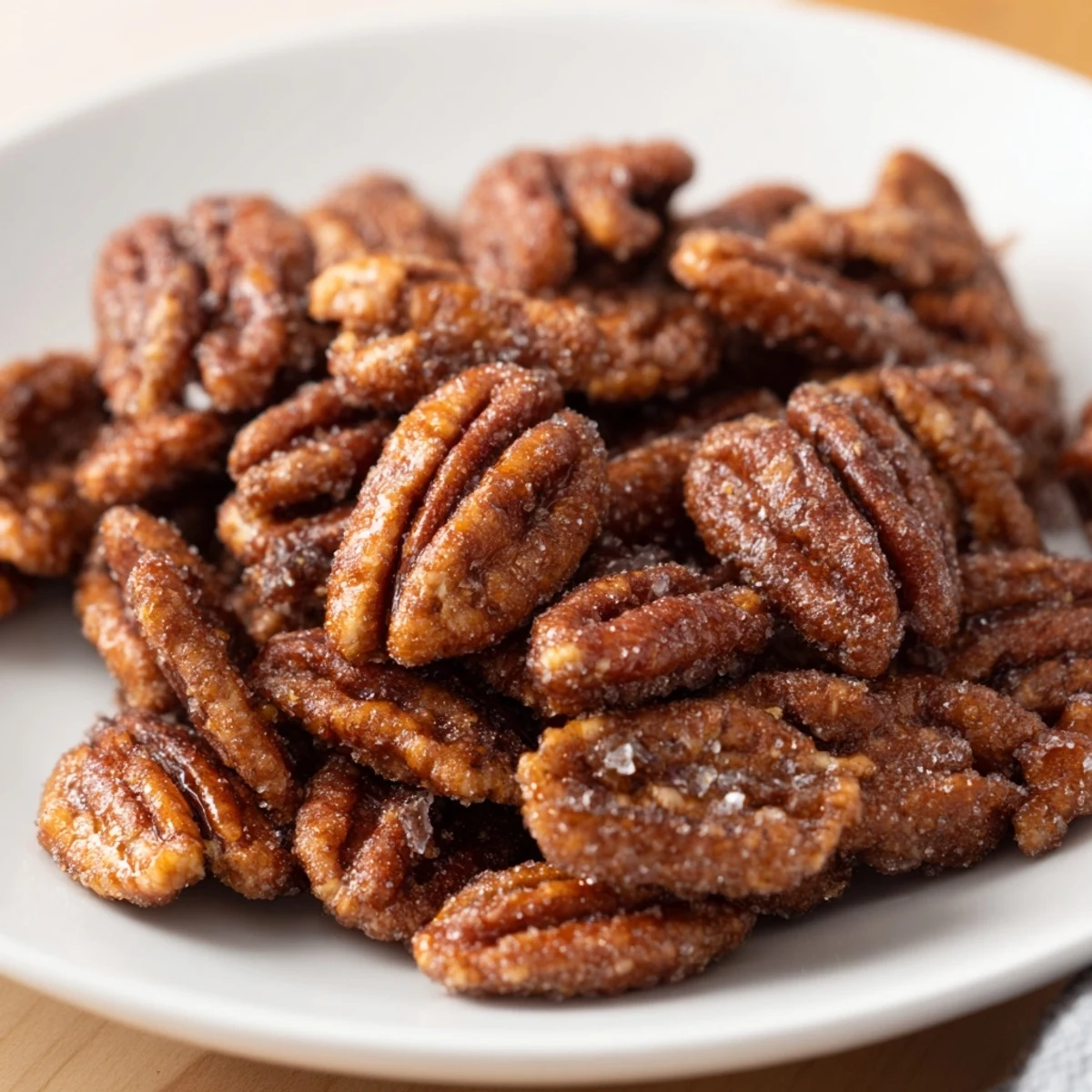 Warm, cinnamon-sugar roasted pecans, glistening and ready, a holiday treat perfect for gifting.