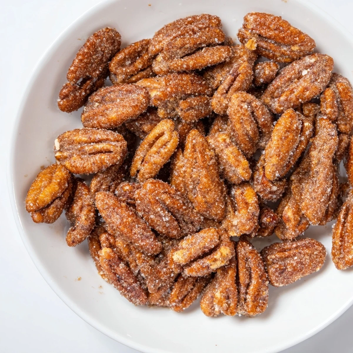 Crispy, golden cinnamon sugar roasted pecans, ideal for snacking or adding to festive desserts.