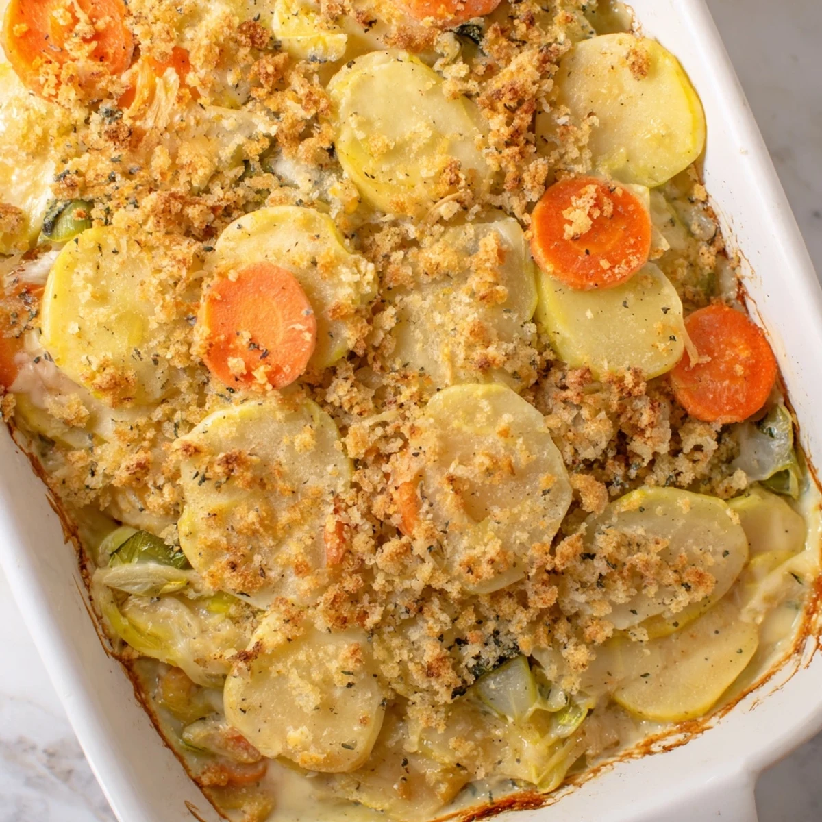 Golden, bubbly Winter Vegetable Gratin, a comforting baked dish with a toasted breadcrumb topping.