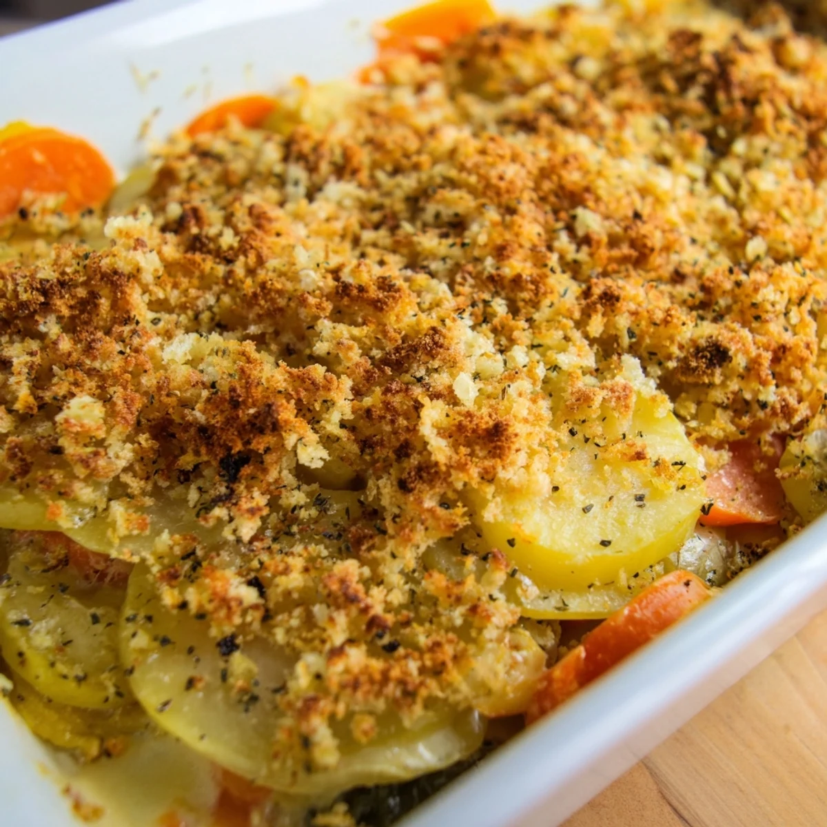 A creamy, cheesy Winter Vegetable Gratin with tender root vegetables perfectly baked and ready to serve.