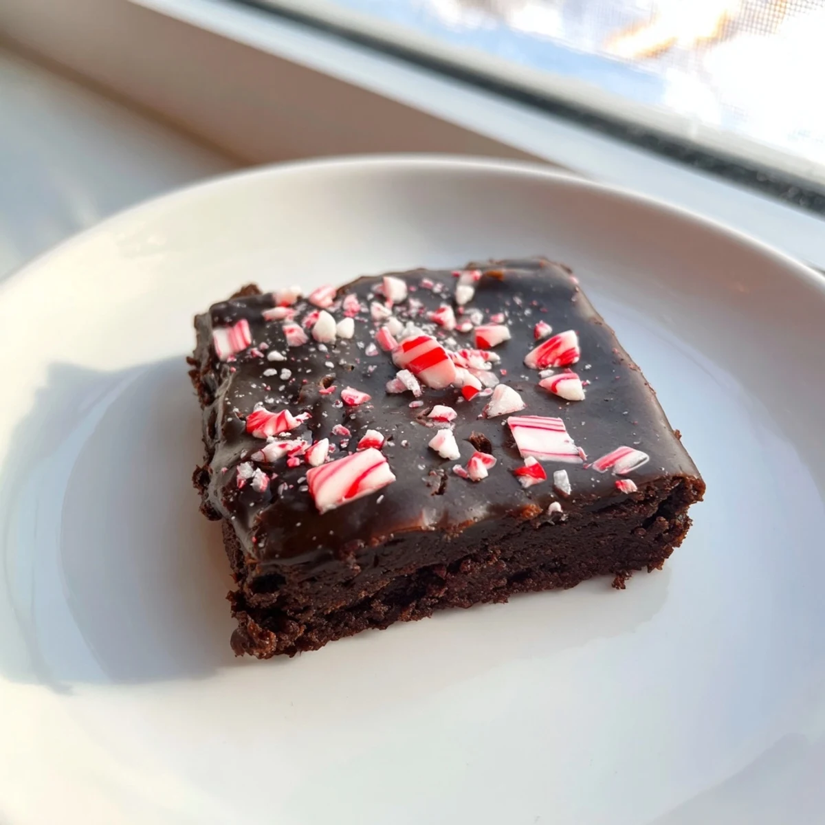 Chewy, homemade Peppermint Brownies, cut into squares, with a glistening peppermint glaze visible.