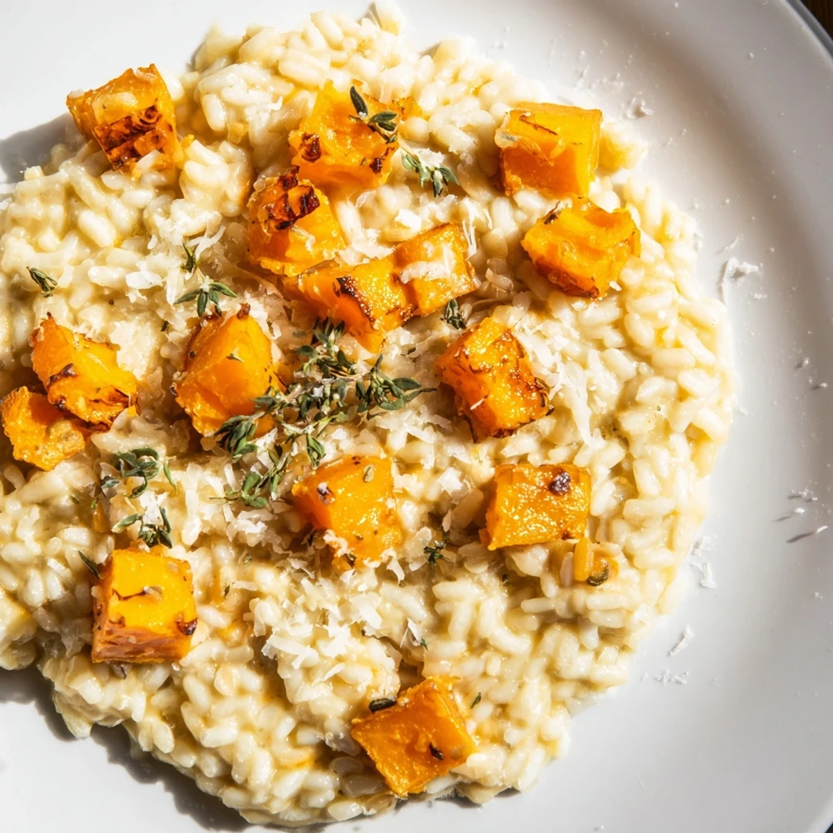 Vibrant image shows a comforting bowl of butternut squash risotto, ready for a cozy dinner.