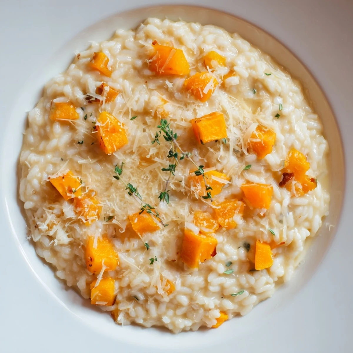 Warm and creamy butternut squash risotto garnished with golden roasted squash cubes and fresh herbs.
