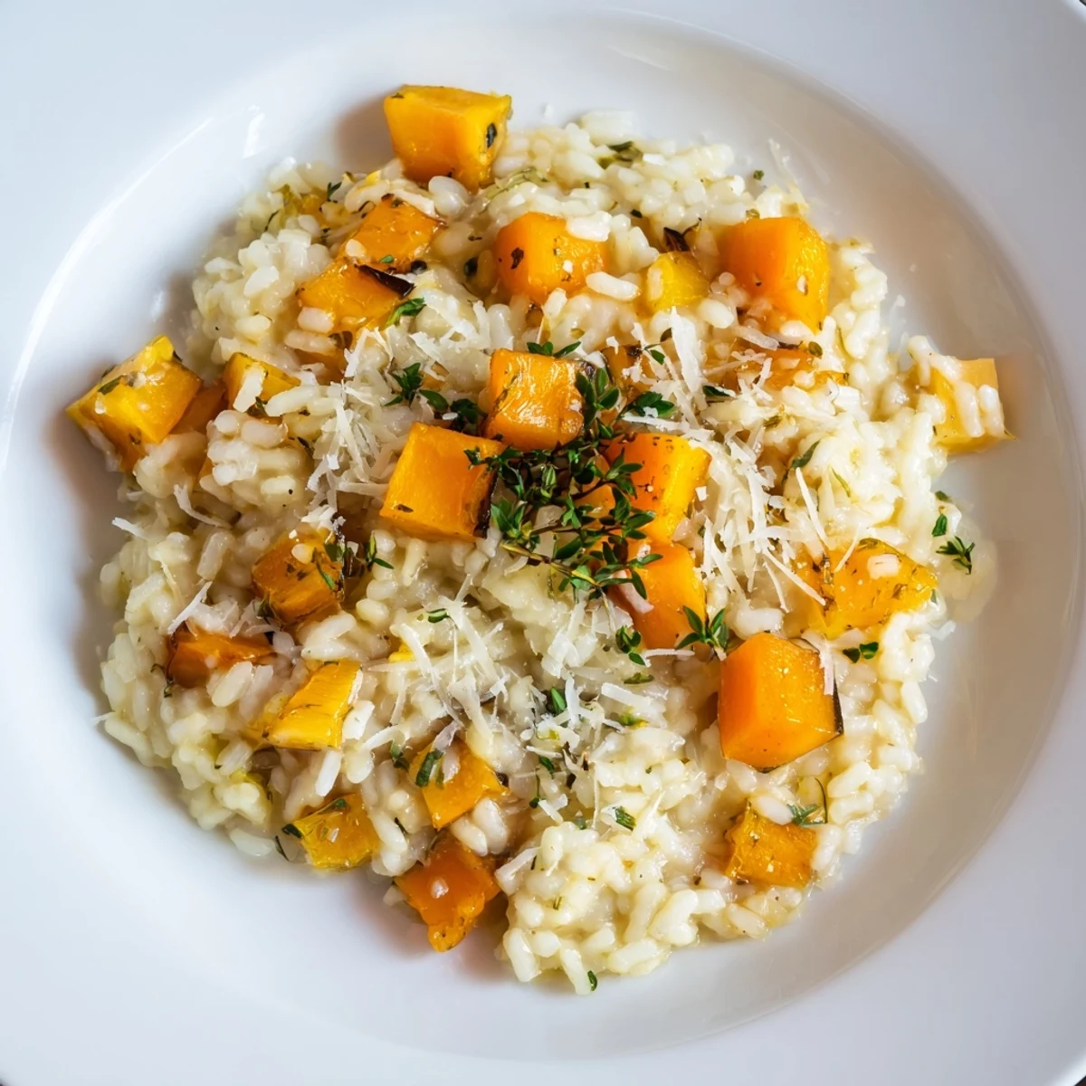 This close-up details the creamy texture of the luscious butternut squash risotto recipe, a perfect fall dish.