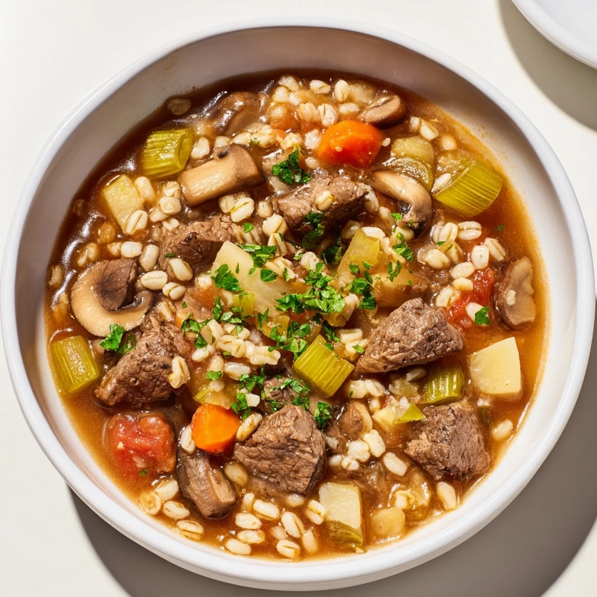 Steaming bowl of Hearty Beef and Barley Soup with chunks of beef and savory vegetables.