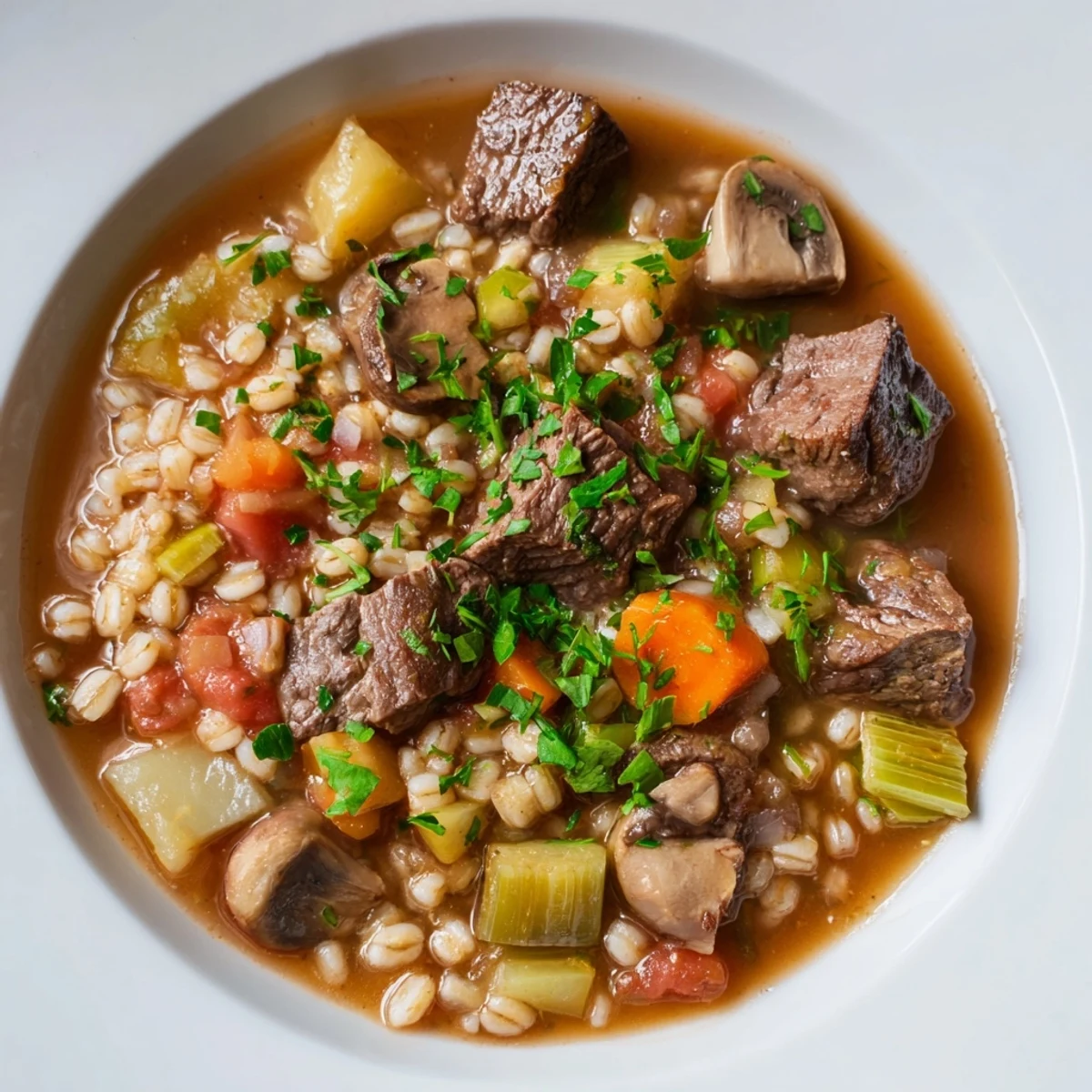 Close-up of a rustic bowl filled with aromatic Hearty Beef and Barley Soup, garnished with parsley.