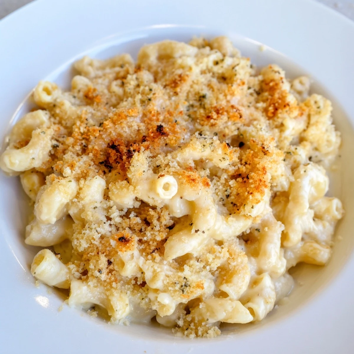 This photo features perfectly baked macaroni and cheese, with a crispy, golden breadcrumb topping.